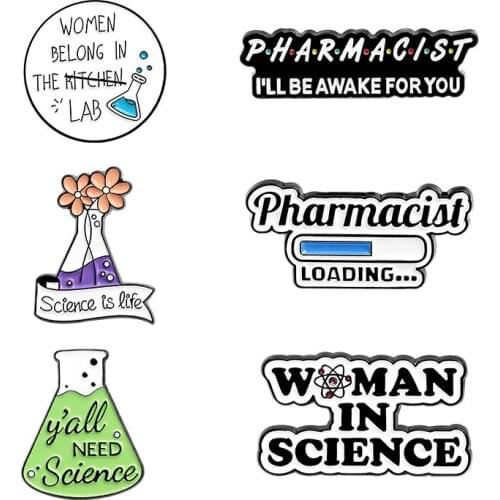 Chemistry Pharmacist Enamel Pin Science Metal Brooches Pins for Backpack Cute Black White Badge Jewelry Gifts Friends Wholesale