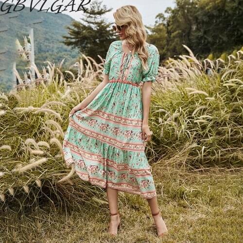 GBVLGAR Women Short Sleeve Ruffles Front Tie up Tunic Long Dress Female Floral Print Boho Beach Dress Summer Bohemian Dresses ZA