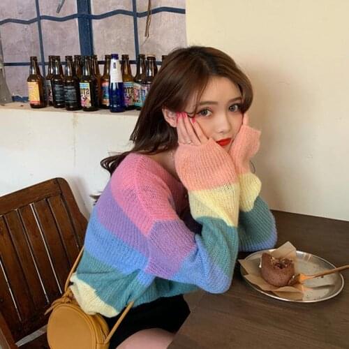 Early Autumn Korean Rainbow Striped Sweater Women Kawaii Loose Thin Knitted Pullovers Sweet Chic Oversized Women Pastel Sweaters