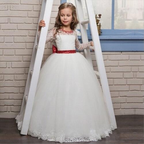Flower Girl Dresses Kids First Communion Dress for Party Wedding Elegant Red Sequin Sash Lace Princess Gown