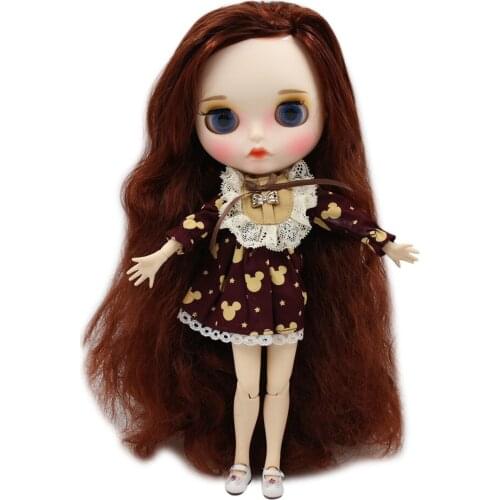 ICY DBS Blyth doll white skin joint body Long dark brown curls hair Carved lips Mate face with eyebrows BL9388
