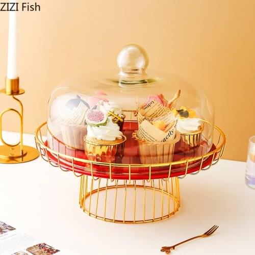 Metal Cake Rack with Ceramic Tray and Glass Cover Creative Home Fruit Plate Wedding Party Dessert Display Cake Decoration Tools