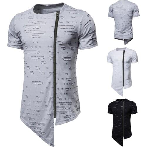 Mens Short Sleeved T-Shirt Solid Color Round Neck Cardigan T-Shirt with Oblique Zipper Casual Irregular Hem Hole Type Tops