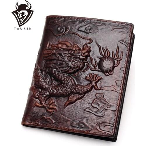 Chinese Dragon Wallet Vintage Genuine Leather Mens Wallets Brand Unique Design Pattern Male Folding Long Short Purse Cardholder