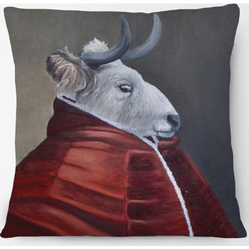 OX Animal Cushion Covers Vintage Portrait Oil Painting 45X45cm Beige Linen Pillow Case Sofa Decoration