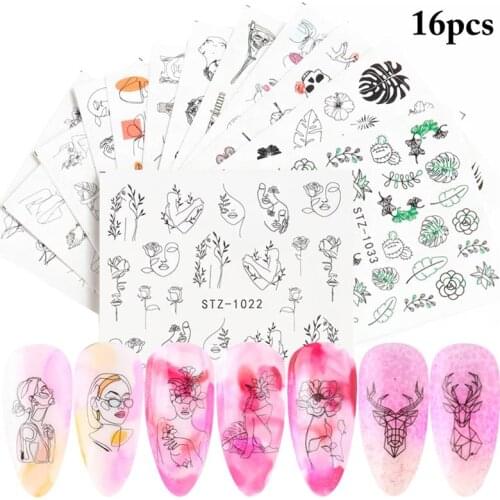16 Sheets Kapmore Water Transfer Decal Skeleton Face Floral Nail Sticker Geometry Pattern Nail Art Sticker DIY Manicure Decal