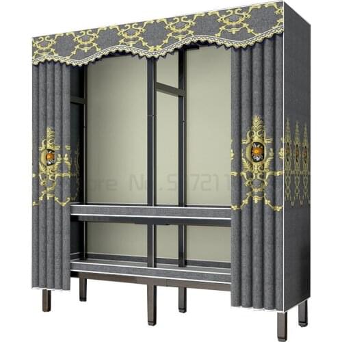 Installation free simple cloth wardrobe rental room household bedroom steel pipe reinforced solid folding wardrobe