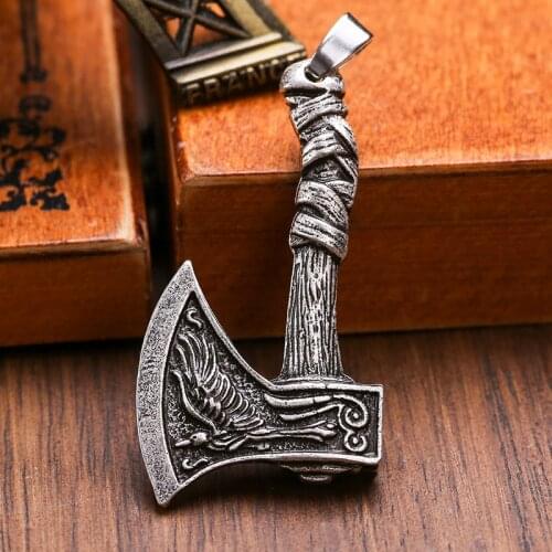 Retro Viking Wolf Axe Pendant Punk Mens Domineering Viking Phoenix Double Sided Axe Pendant Trend Men Motorcycle Party Jewelry