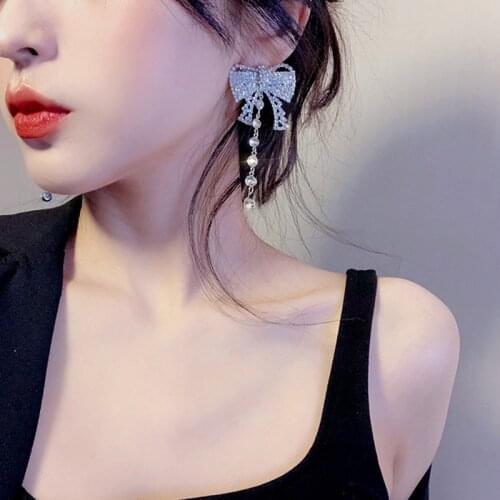 TIMEONLY Korea Full Rhinestone Bowknot Earrings for Women Crystal Imitation Pearl Tie Bow Drop Earrings Fairy Wedding Jewelry