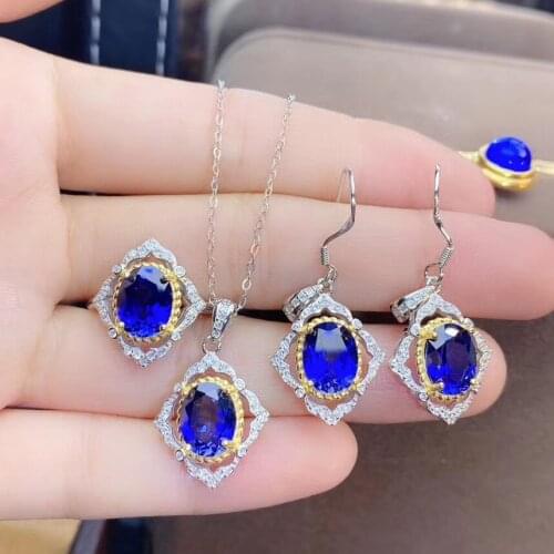 Super Good Color Sapphire Set Natural And Real Sapphire Jewelry Set 925 Sterling Silver 1pc Ring,1pc Pendant,2pcs Earring