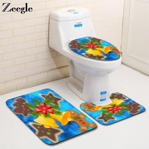 Zeegle Christmas Bath Mat Set Toilet Pedestal Rug Flannel Soft Toilet Seat Cover Mat Absorbent Washable Foot Mat 3pcs Toilet Set