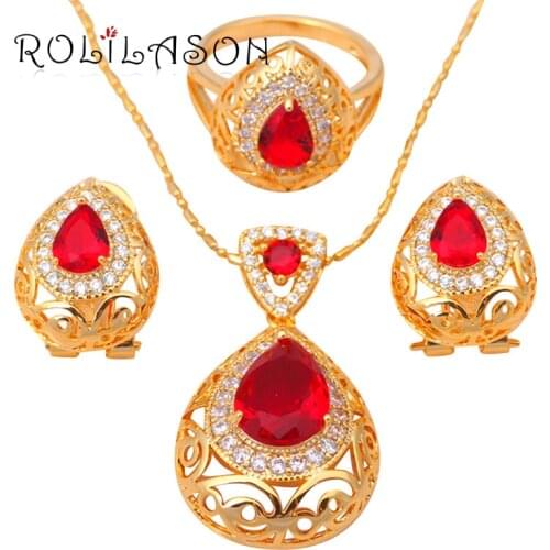 Gold Tone zircon Crystal Health Nickel Lead free Earring pendant Necklace Ring size #6.75 #7.75 Jewelry Set JS309