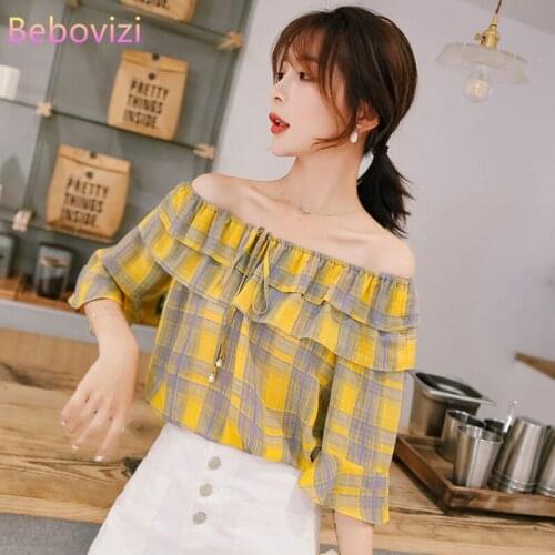 S-XXL New 2021 Fashion Asia Korea Off Shoulder Yellow Sexy Chiffon Blouse for Women Summer Casual Office Lady Top Clothes