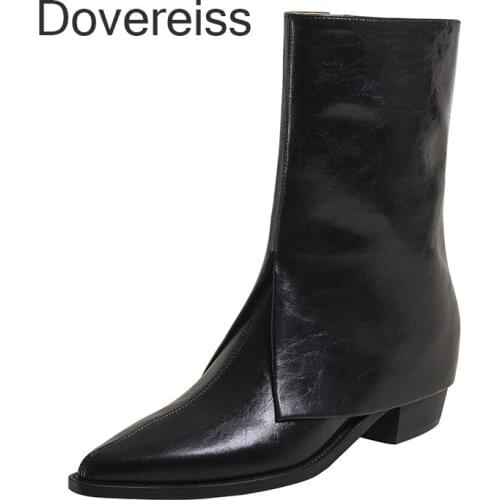 Dovereiss Fashion Boots Winter Sexy Genuine Leather Zipper Pointed Toe Off White Block Heels Short Boots Size 33 40