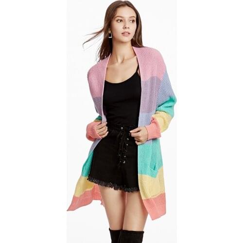 Womens Rainbow Cardigan Autumn Winter Female Long Sleeve Casual Fashion Striped Patchwork Sweaters Open Stitch Knitted Shirts