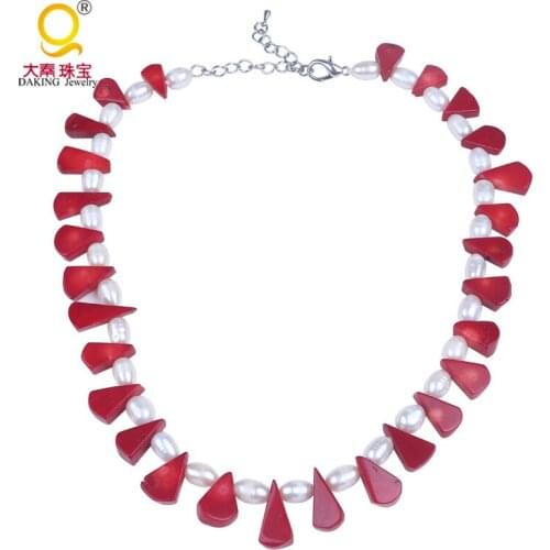 Womens beaded necklace red coral & rice shape freshwater pearl necklace coral pearl necklace waterdrop shape coral necklace