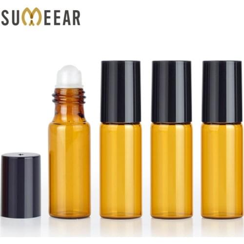 100pcs/lot 5ml Mini Portable Amber Essential Oil Bottle Empty Perfume Roll on Bottle Metal Ball Roller Brown Essential Oil Vials