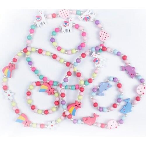 2Pcs/Lot Children Jewelry Kids Cute Cartoon Wooden Flower Animal Childrens Sweater Necklace Bracelet for Birthdays Gifts