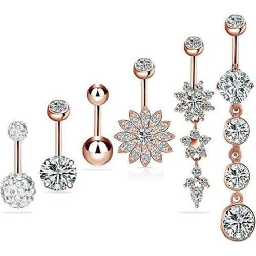 6PCS/Set 2019 New Surgical Steel Dangle Navel Rings Crystal Navel Bars Women Trendy Belly Button Ring Navel Piercing Jewelry