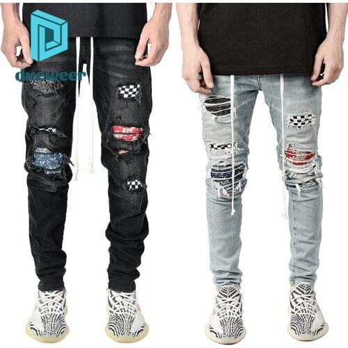 DUEWEER Men Ripped Skinny Jeans High Waisted Scratch Casual Trousers Men Stretch Ankle Tie Jeans Pencil Cargo Denim Pants