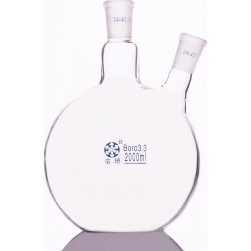 Two-necked flask oblique shape,with two necks standard grinding mouth,Capacity 2000ml 24/40,Two-necked flat bottom flask
