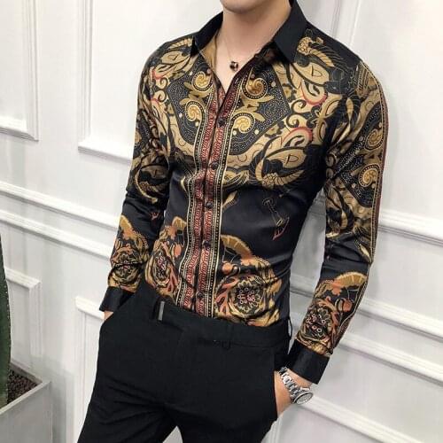 Club Fashion New Camisa Social Design Printed Shirts Mens Korean Casual Satin Shirts Flowers Mens Designer Shirts Silk Men