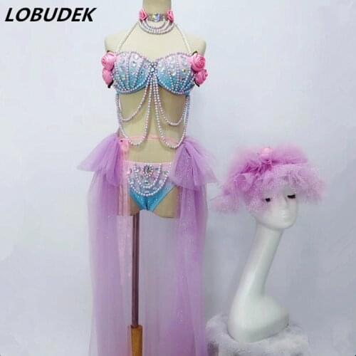 Pink Rose flowers Crystals Pearl Bikini sets Costume Bar DJ Female Singer Performance Outfit Catwalk Party Show dance stage wear