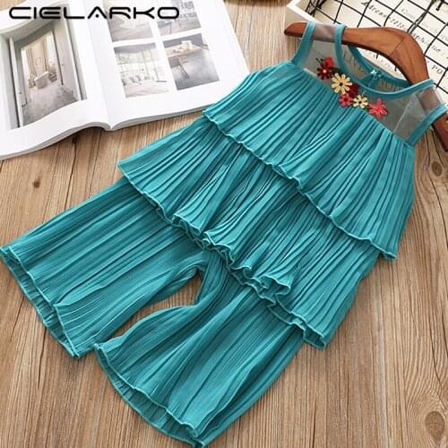 Cielarko Girls Clothing Set Chiffon Summer Sleeveless 2pcs Outfit 2018 Flower Solid Tops + Pants Children Clothes Sets for Girl