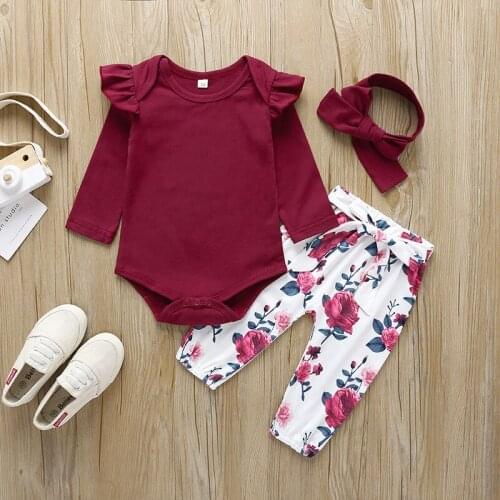 Baby Girl Clothing Set 2021 Spring and Autumn Fashion Flying Sleeve Jumpsuit Printed Trousers Headband 3PCS Girls Clothes Set