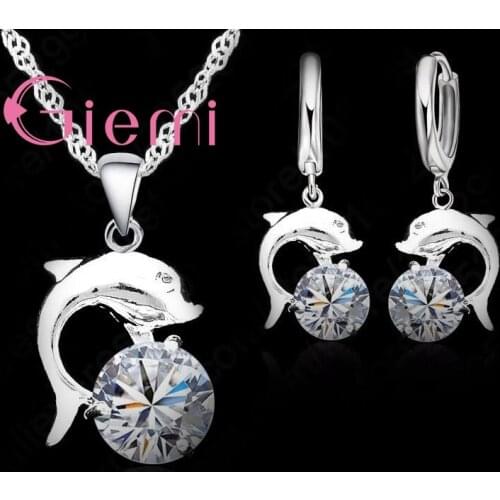 Cute Dolphin Shape Animal Pattern Crystal Stone Necklace Earrings Wedding Ceremony Jewelry Set 925 Sterling Silver