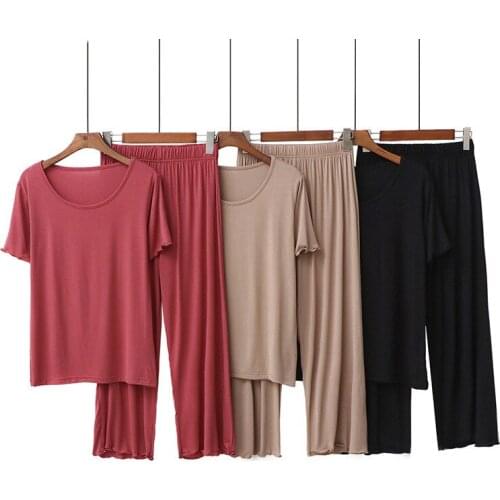 Summer Loose Homewear Suit Women Pajama O Neck Short Sleeve Solid T Shirt Pant Set Lady Summer Home Suit Pajamas Pijama Mujer