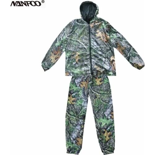 Professional Summer Bionic Camo Fishing Suit Anti-mosquito Hooded Camo Hunting Clothes Front Zipper Camouflage Jacket Pants