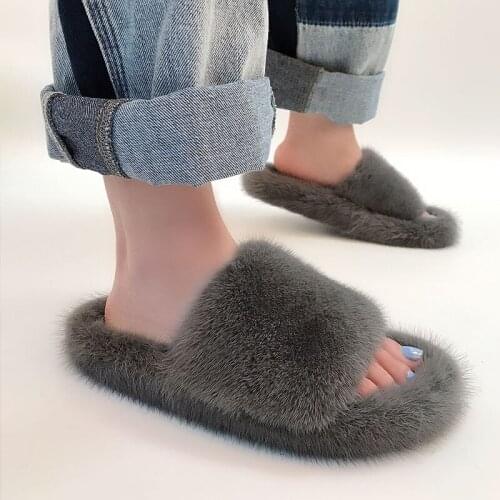 Summer 2021 High Quality Mink Hair WomenS Shoes Versatile Slippers Wear Slouch Slippers Wear Slouch Slippers With Leather Flat