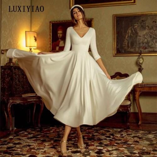 LUXIYIAO LO71 Simple White Tea-length Wedding Dresses with Half Sleeve Soft Satin Beach Boho Bridal Gown Princess Party Dress
