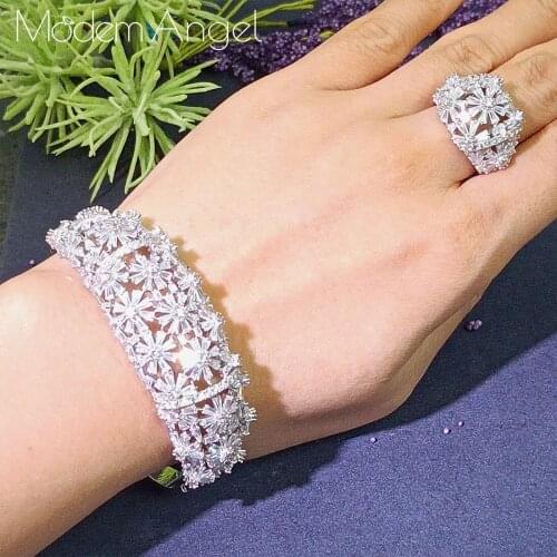 ModemAngel Delicate Flowers Full Micro AAA Cubic Zirconia Women Wedding Tassel Engagement Accessories Bangle And Ring Set