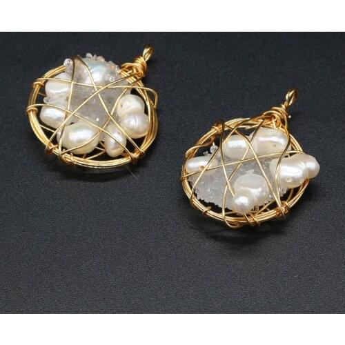 Fashion Round Gold Color Wire Wrap Pearl Pendants Freshwater Pearl for Charms Jewelry Making DIY Necklace Earrings