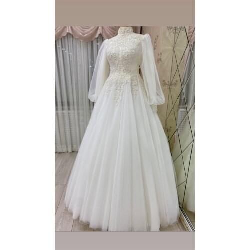 Long Sleeve Muslim Wedding Dresses for Bride 2021 Moroccan Caftan Ball Gown High Neckline Appliques Wedding Bridal Dress