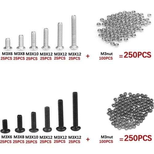 250Pcs Assorted M3 Button Head Screws Sets Hex Socket Bolt Hex Nuts Kit