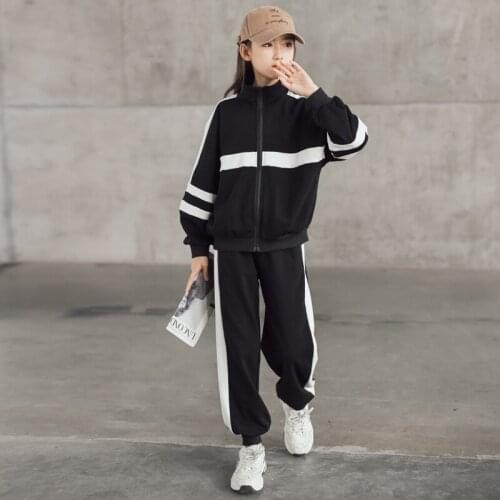 Girls Clothes Autumn Long Sleeves Size for 4-16Years Old Children Clothing Set 2021 New Black Teen Casual Sports Suit CL628