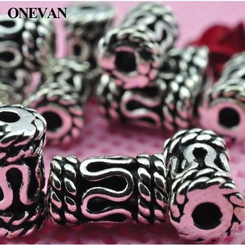 ONEVAN 100% 925 Sterling Silver Cylindrical Carved Charm Accessories Handmade Beaded Diy Bracelet Necklace Jewelry Making Design