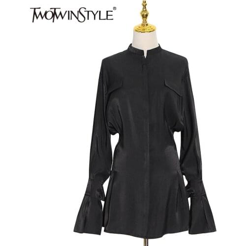 TWOTWINSTYLE Minimalist Shirt Dress For Women Lapel Long Sleeve High Waist Solid Mini Dresses Female Spring New Clothing Fashion