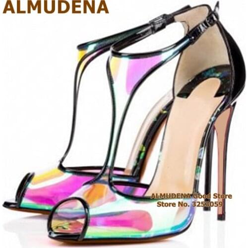 ALMUDENA Hologram Iridescent PVC T-strap High Heel Shoes Reflective Clear PVC Wedding Shoes T-bar Open Toe Stiletto Heels Pumps