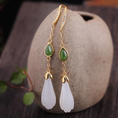 S925 Sterling Silver Hetian Jade Stone Womens New Fashion Long Sweet Magnolia Earrings Eardrop Earring Anti-Allergy
