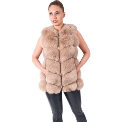Real Fur Coat Winter Women 2021 Fashion Casual Warm Slim Sleeveless Long Faux Fox Fur Vest Winter Pockets Jacket Women