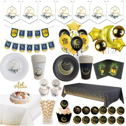 Ramadan Decoration Tablecloth Plates Moon Star Biscuit Mold Eid Banner Balloons Eid Mubarak Decor for Home Ramadan Kareem Party