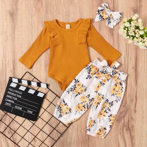 Spring Autumn Baby Clothes Toddler Girls Long Sleeve Solid Tops Ruffle Floral Print Long Pants Headband Spring 3pcs Outfits Set