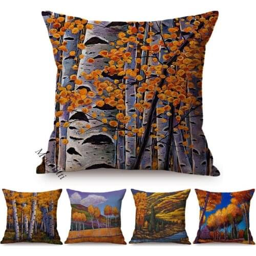 Spring Forest Tree Oil Painting Decoration Living Room Sofa Cushion Cover Natural Landscape Print Cotton Linen Chair Pillow Case
