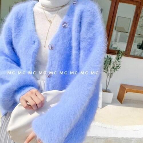 Vintage Velvet Mohair Knit Cardigan V-Neck Mink Cashmere Sweater Coat Single-breasted Jacket OL Lantern Sleeve Plush Tops Sueter