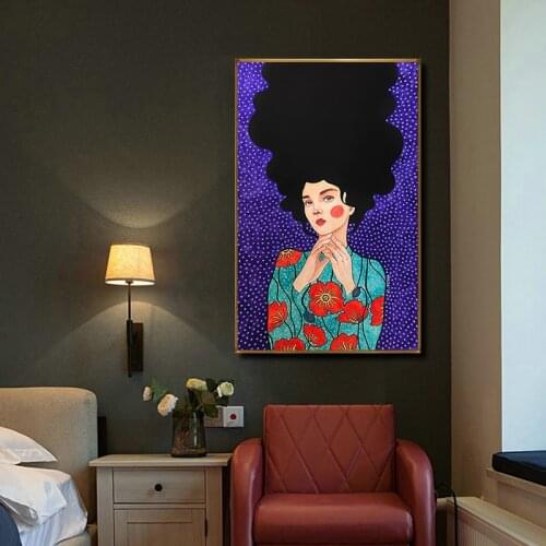 Black Hair Woman Vintage Poster Flower Girl Nordic Wall Art Canvas Painting Poster and Prints Scandinavian Pictures for Home