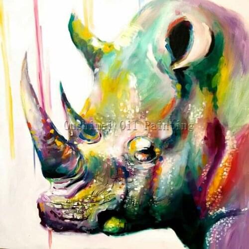 X Series Abstract Colors Hand-painted Rhinoceros Animal Oil Painting On Canvas Impression Rhinoceros Oil Painting Decoration